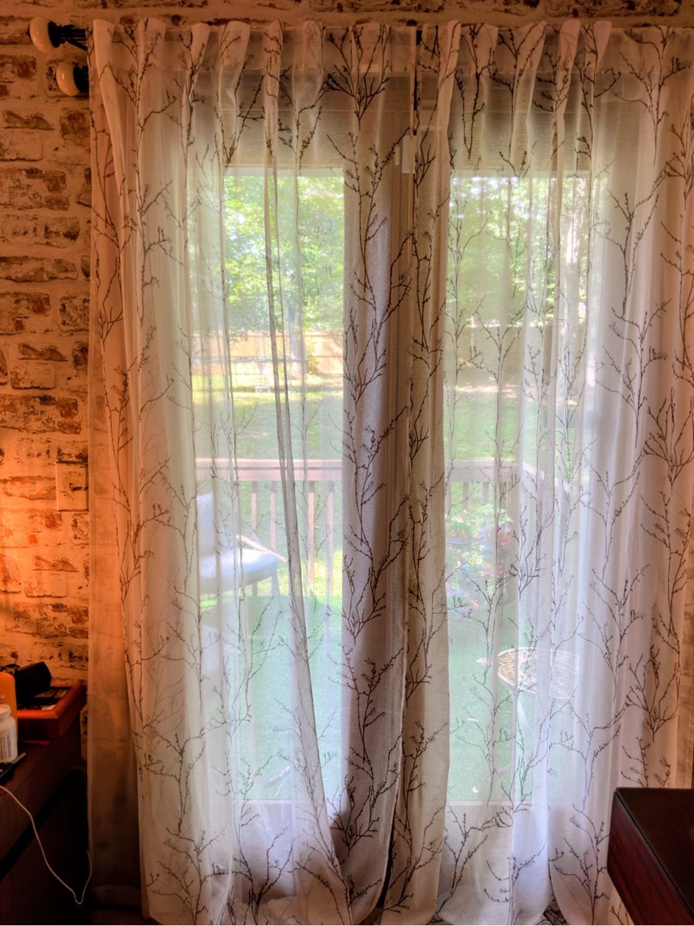Two Panel Set of Ivory Sheer Curtains with Gray Vine Pattern Back Tab – 84”
